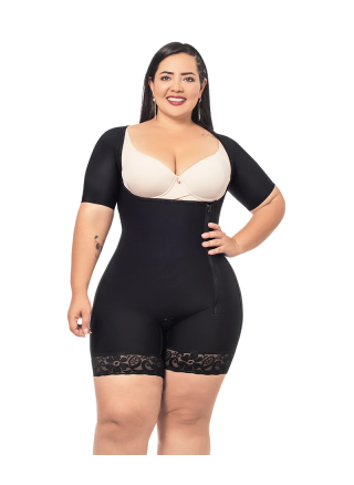 Black half-leg girdle with short sleeves O-017