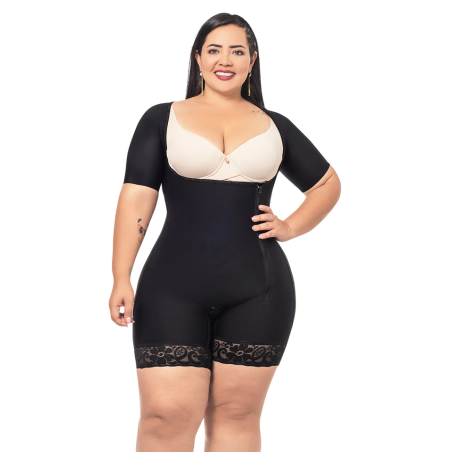 Black half-leg girdle with short sleeves O-017